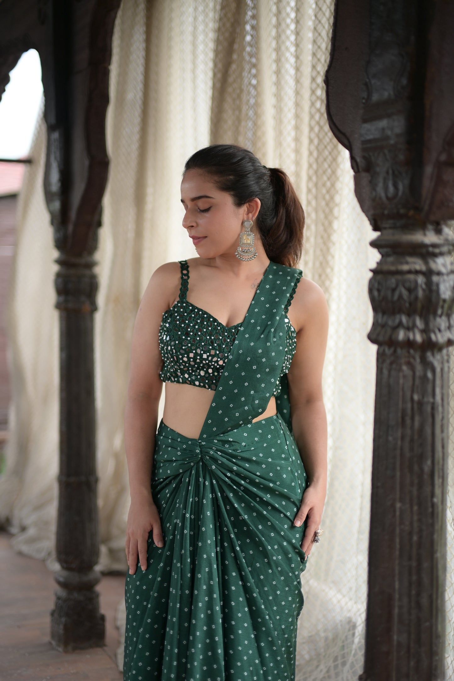 Bandhani Saree With Mirror work Blouse