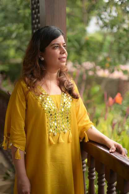 Solid Color Mirror Work Kaftan Kurta Set